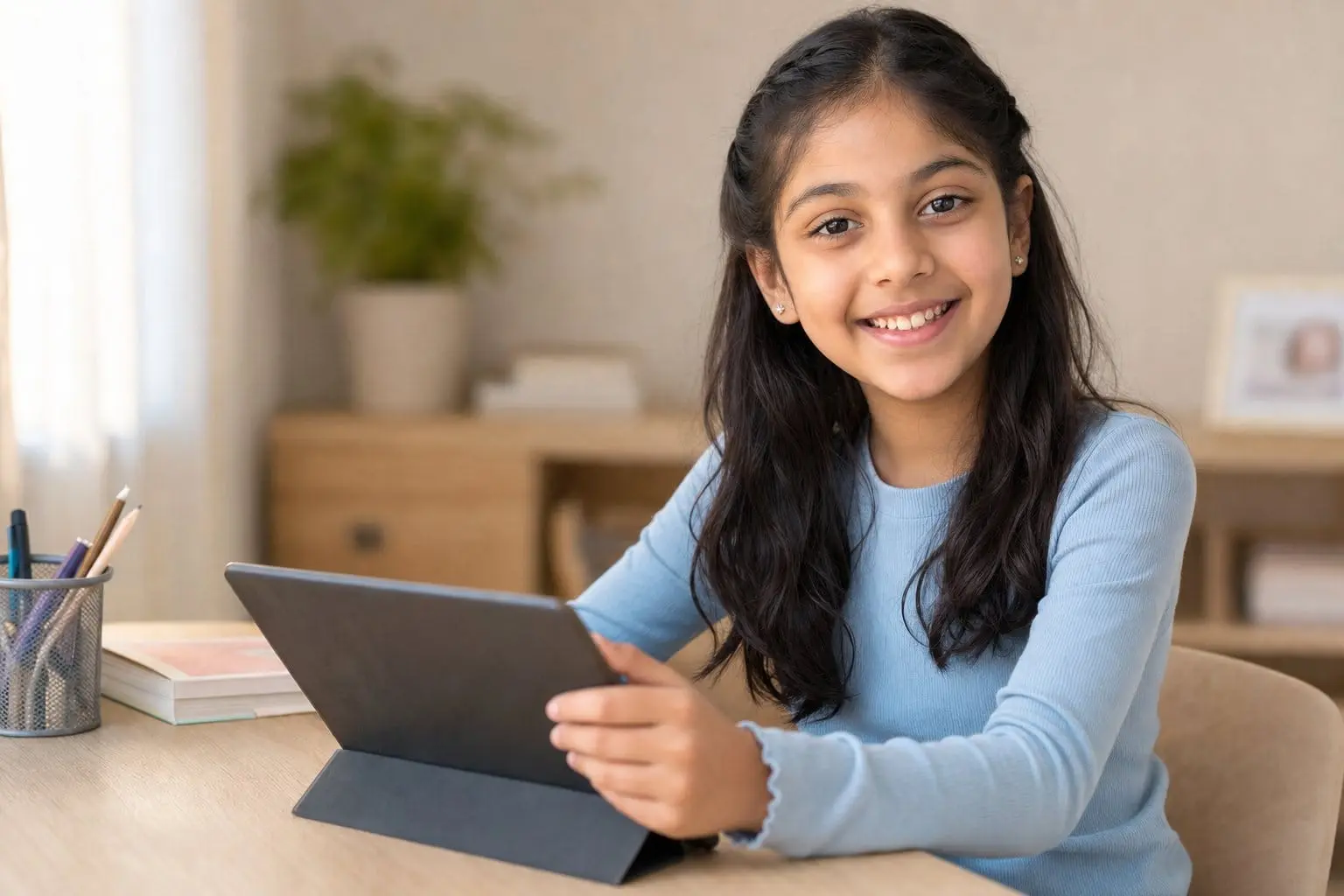 A girl smiling at her desk at home, holding a tablet with a notebook and pens beside her.