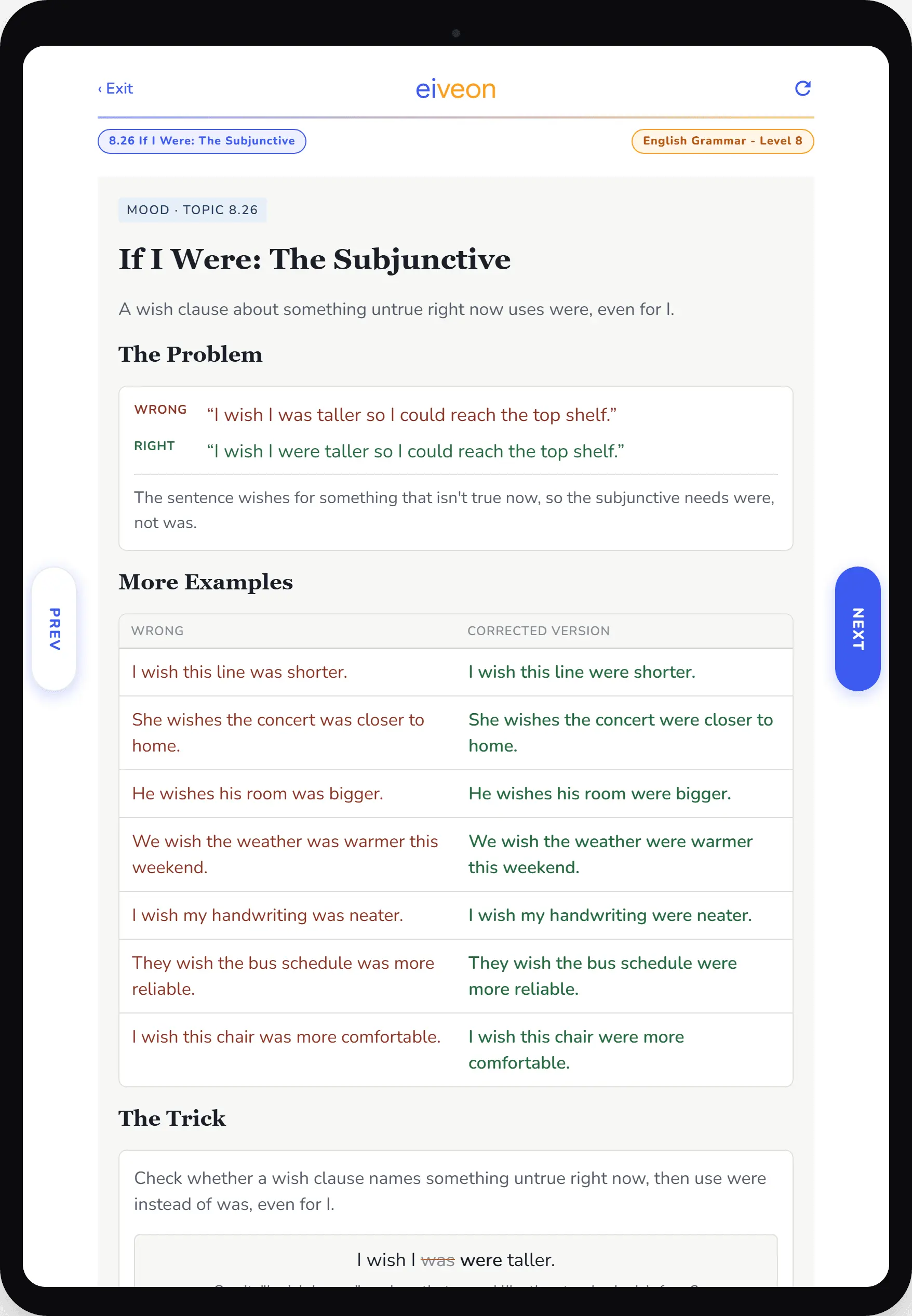 eiveon English Grammar Level 8 Learn page worksheet: If I Were — The Subjunctive
