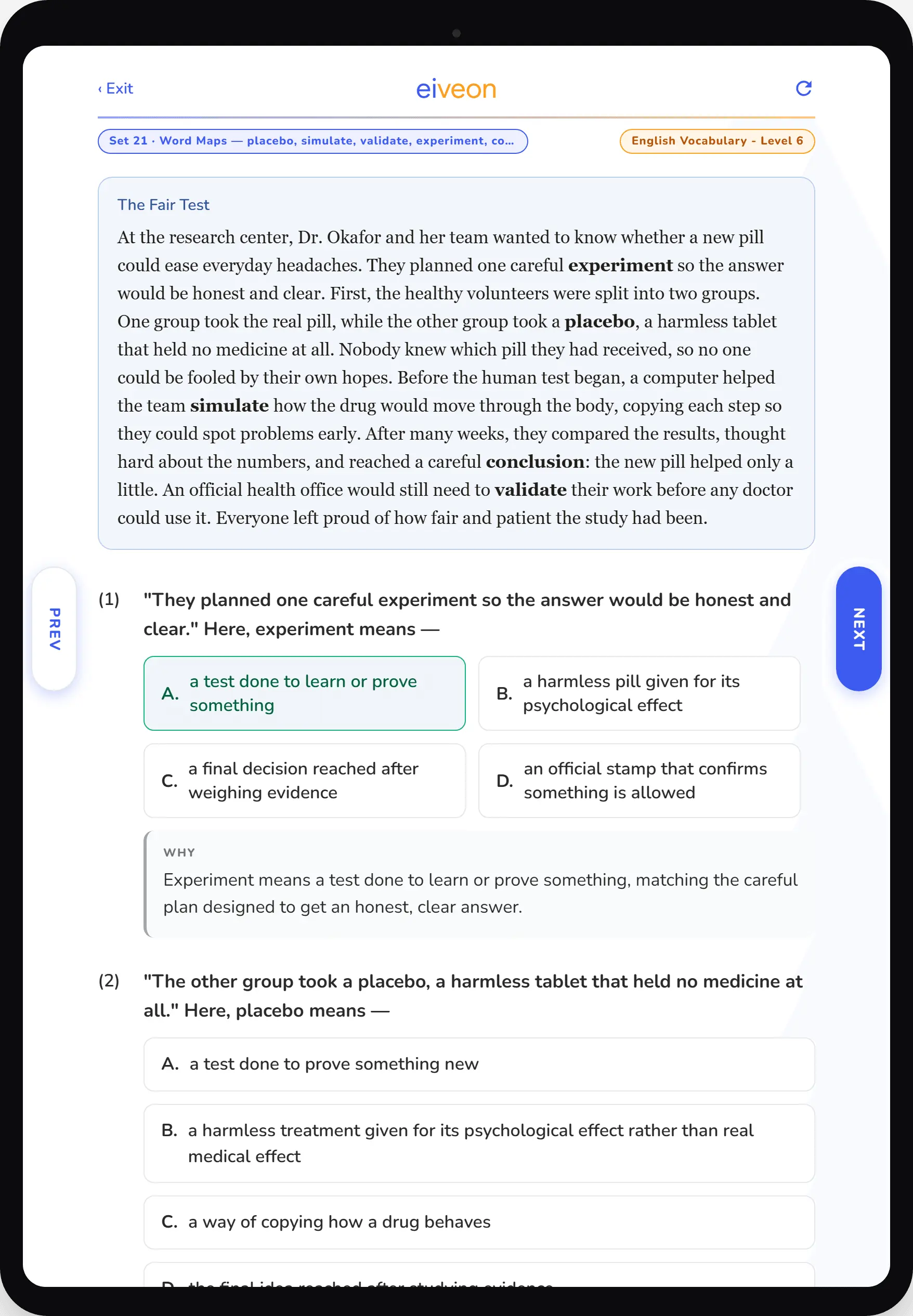 eiveon English Vocabulary Level 6 mini-story practice worksheet: The Fair Test, with an answer explained