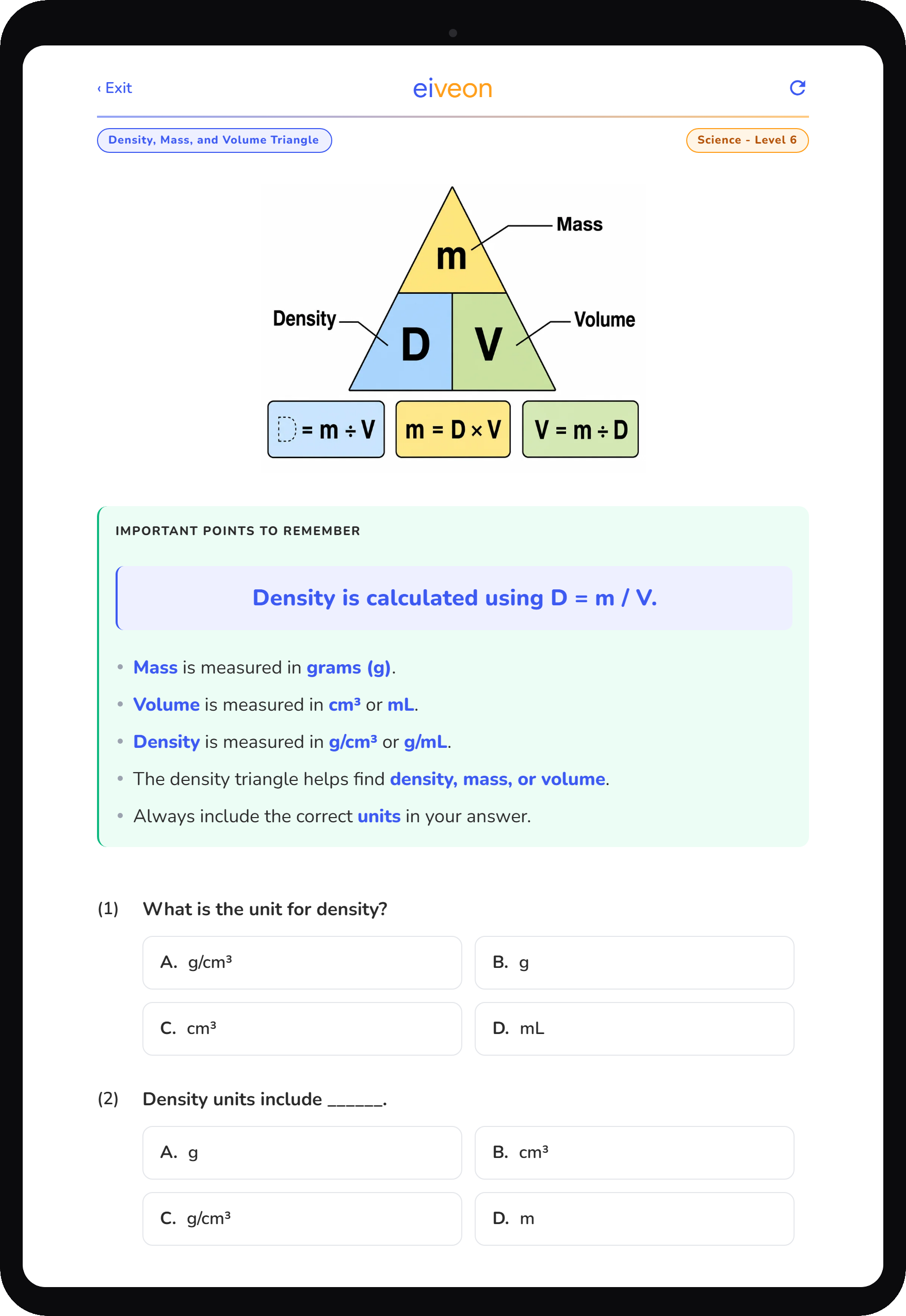 eiveon Density, Mass and Volume worksheet — Science Level 6